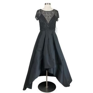 JKara Black Beaded Satin Short Sleeve High Low Ball Gown Size 4 Formal Dress